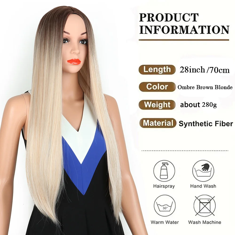 Perucas sintéticas retas longas com franja para mulheres, peruca cosplay, cabelo falso natural, ombre, marrom, loiro, alta temperatura