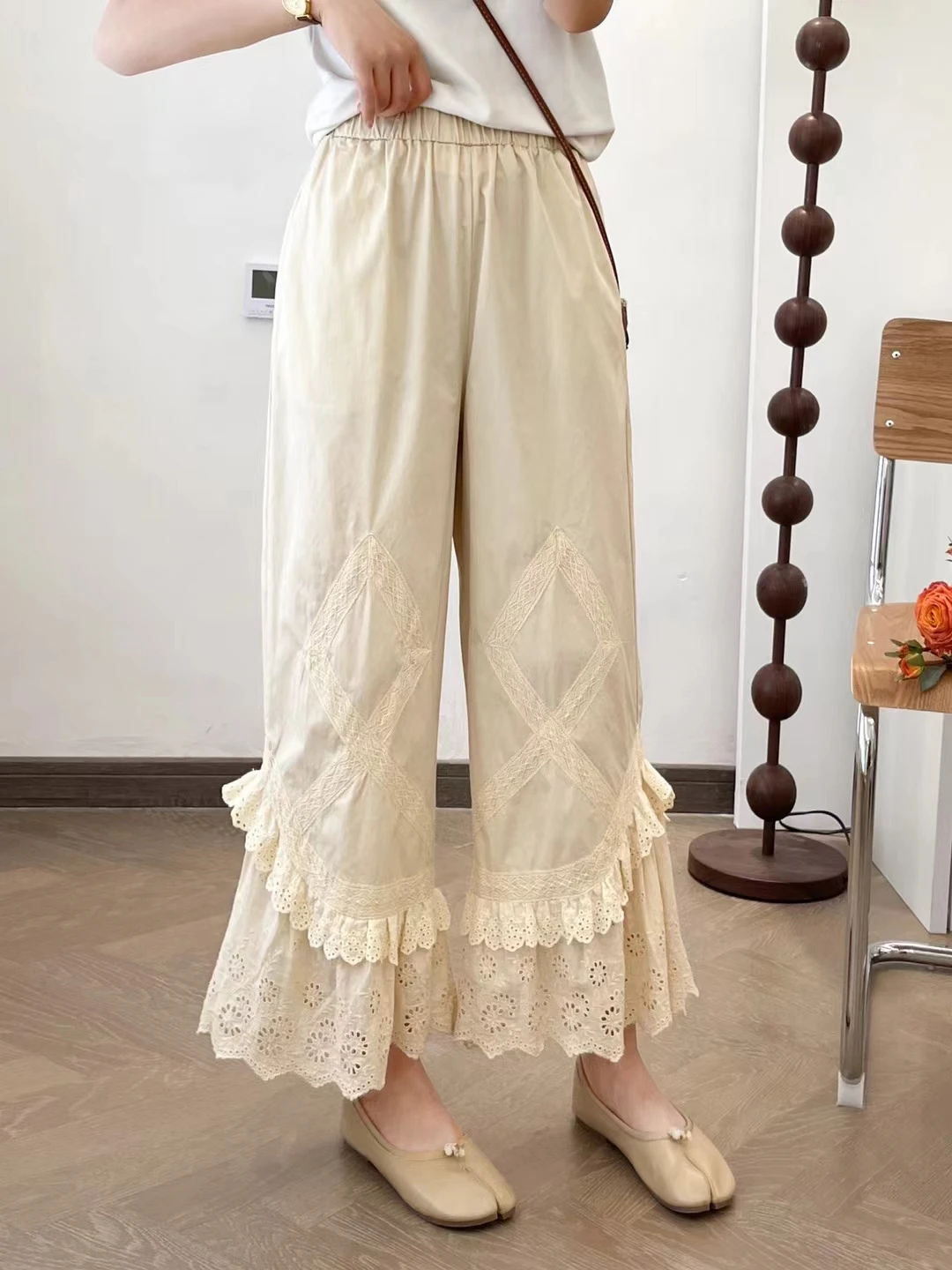 

Sweet Sle High Waist Wide Leg Casual Pants Cotton Lace Trim Double Layered Small Flared Pants 89th ular Ladies Trousers