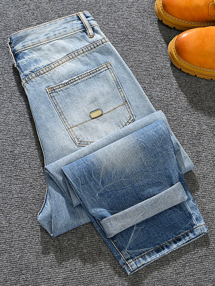 2025年春夏トレンドブランド、メンズ＆ユース向けルーズストレートジーンズ、レトロハイストリートグラデーションブルーパンツ