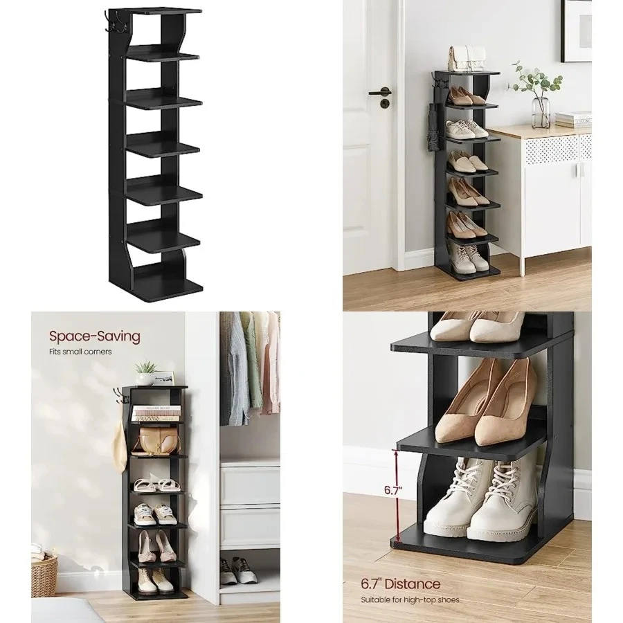 

7-Tier Vertical Shoe Rack, Narrow Shoe Storage Organizer with Hooks, Slim Corner Tower Shelf, Space-Saving for Entryway and Bedroom, Black
