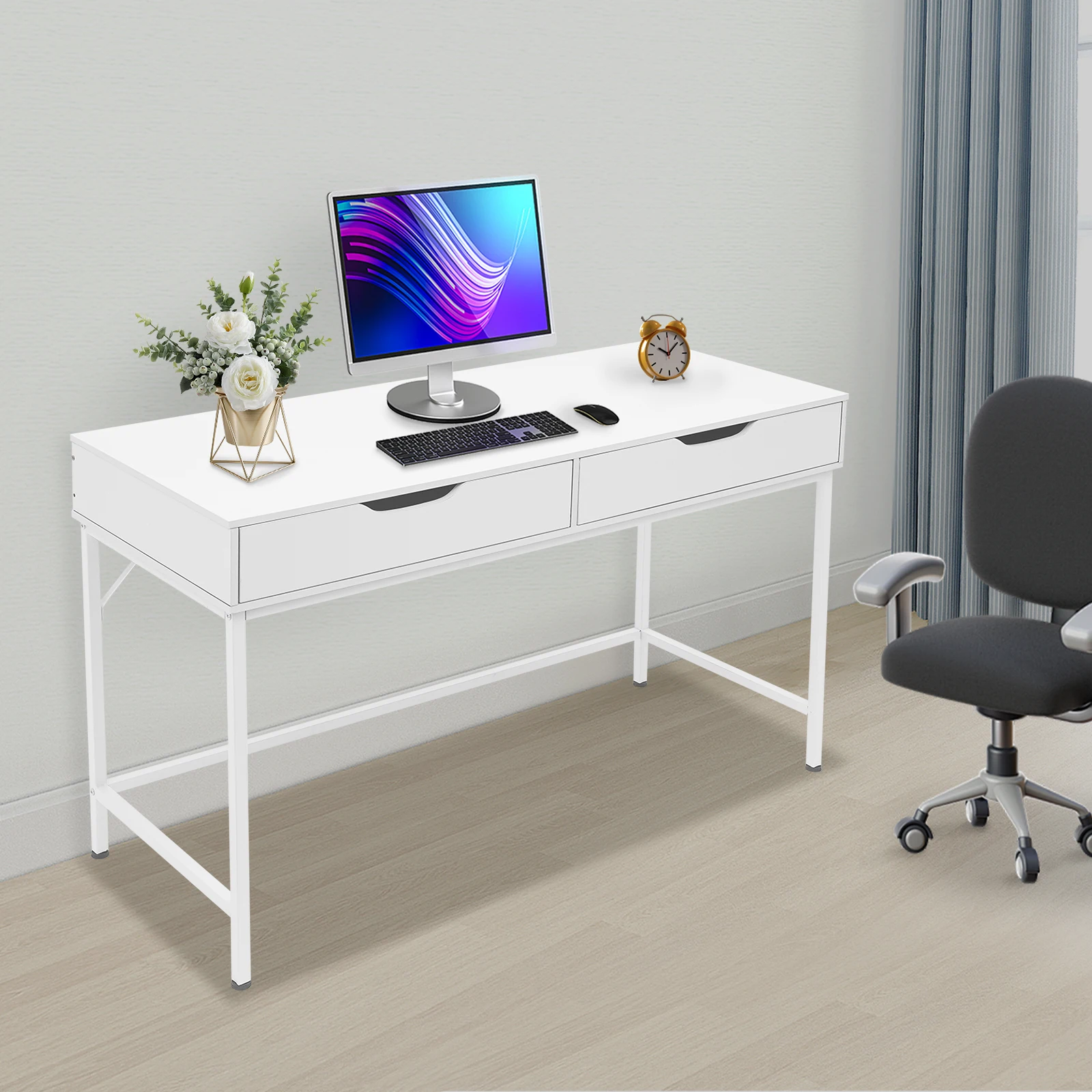 Modern Computer Desk with 2 Drawers Study Writing Office Desk Metal Frame White Rectangular
