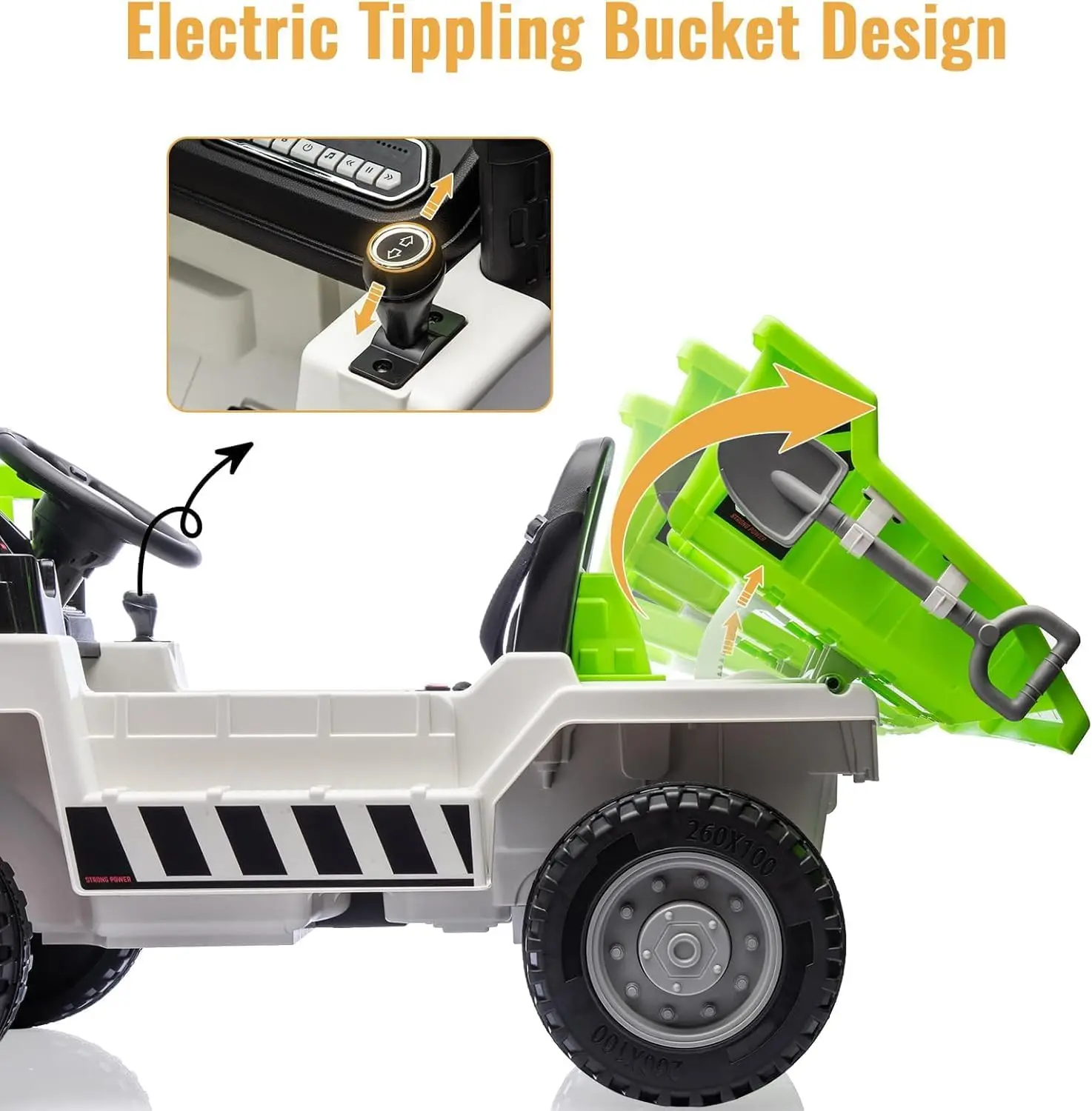 شاحنة قلابة 12 فولت مع جهاز تحكم عن بعد، لعبة بناء كهربائية سرعتين مع سرير إغراق ومجرفة، وأضواء LED وموسيقى