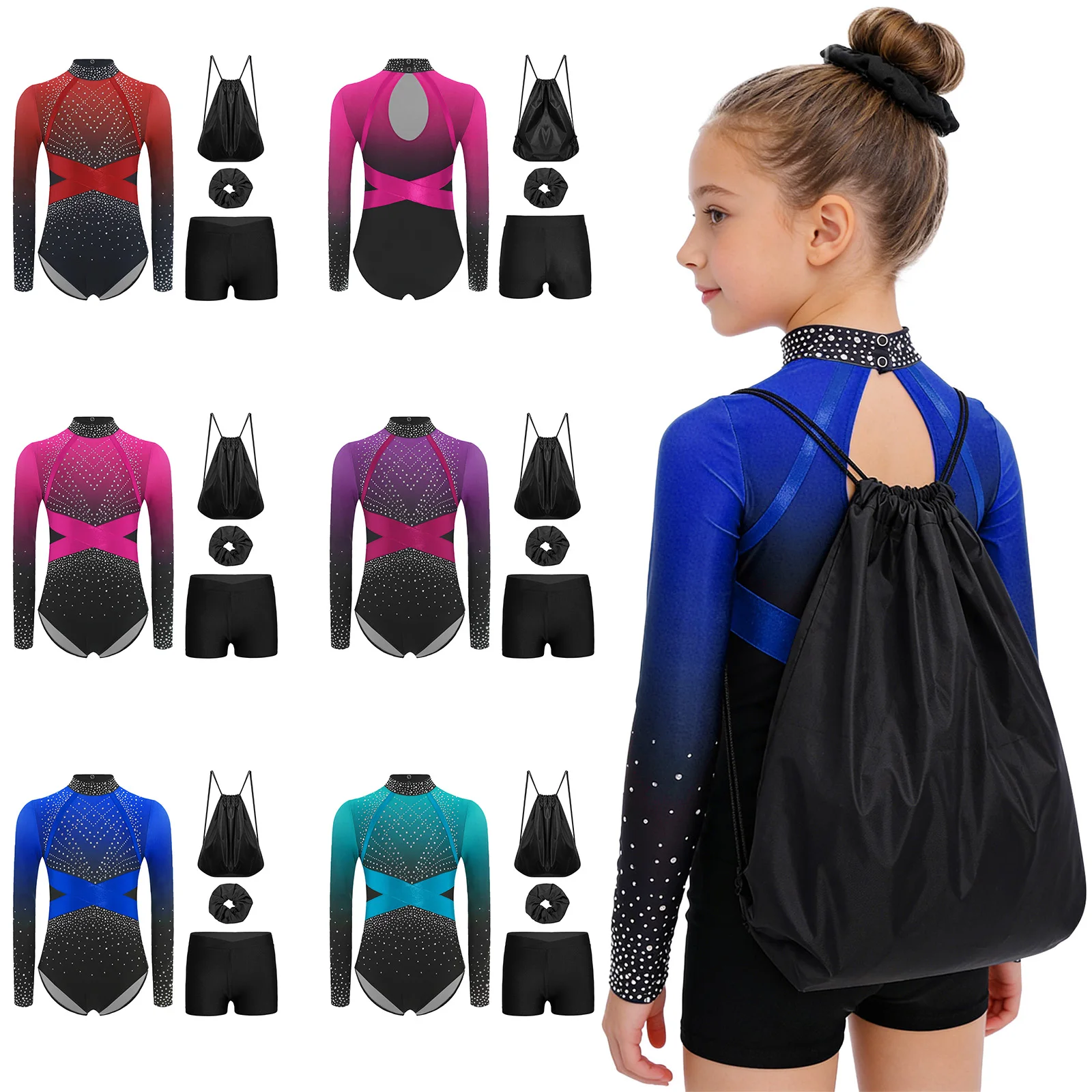 

Kids Girls Figure Skating Gymnastics Dance Practice Outfits Ballet Sets Long Sleeve Leotard Shorts And Hairband Drawstring Bag