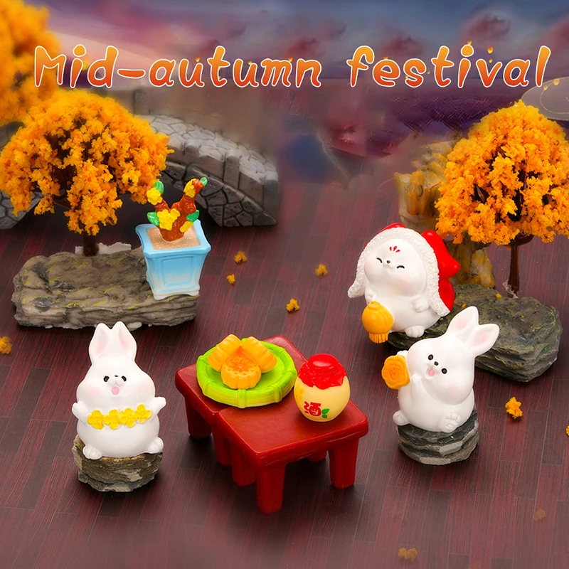 Mini Bunny Figurine Moon Cakes Rabbit Micro Landscape Ornament Dollhouse Model Car Interior Mid-Autumn Festival Home Decoration