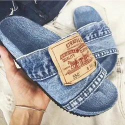 2024 Fashion Denim Slipper Female Shoes Non-slip Comfortable Summer Flat Slippers Woman Slides Outdoor Beach Casual Shoes Women