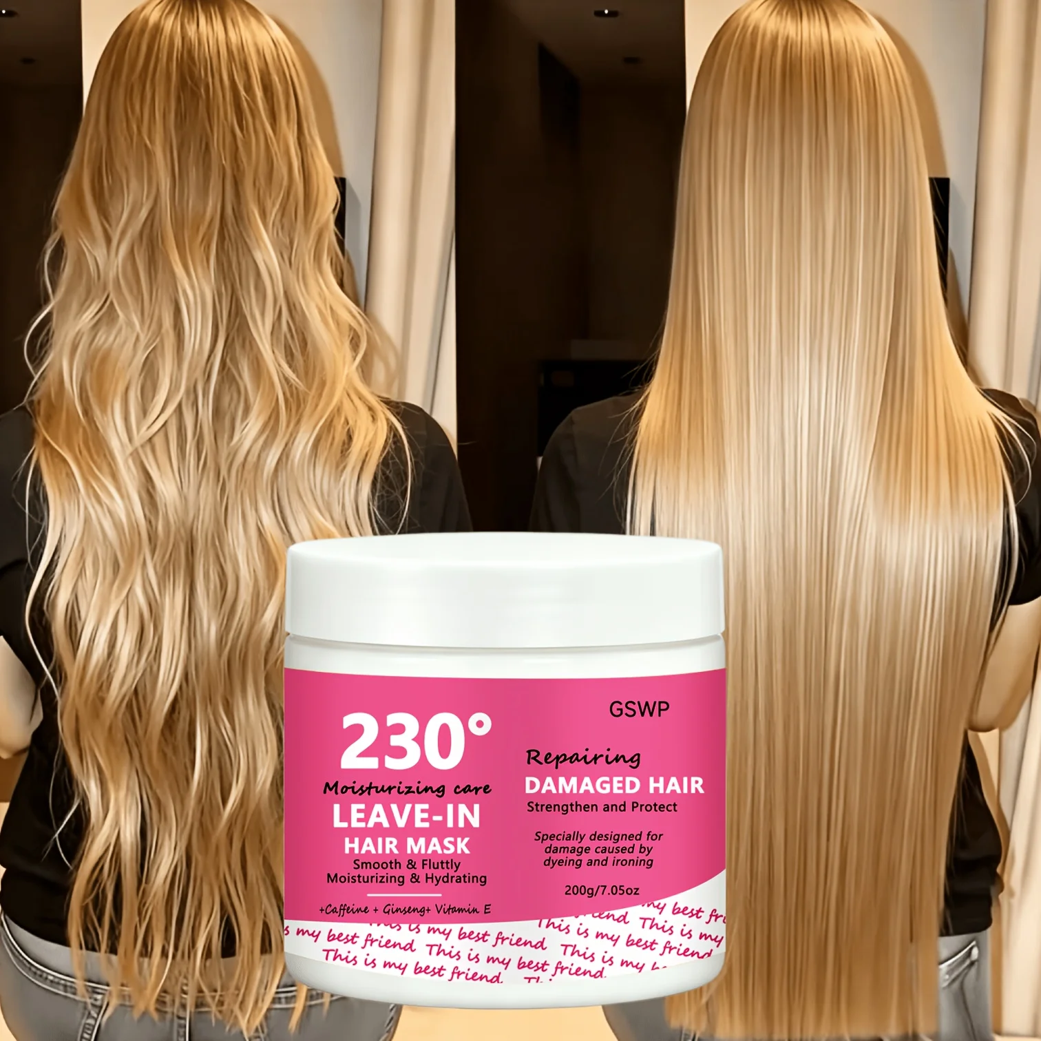 GSWP Mascarilla capilar sin enjuague 10 en 1, repara el cabello dañado por tinte y planchado, sin enjuague, suaviza e hidrata con cafeína. 200 g/400 g