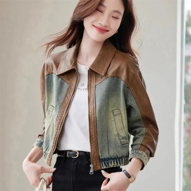 

Pop Pop Hong Kong Style Spliced Denim Jacket 2025 New Design Sense Niche Jacket Top And Short PU Leather Coat Popular Patchwork