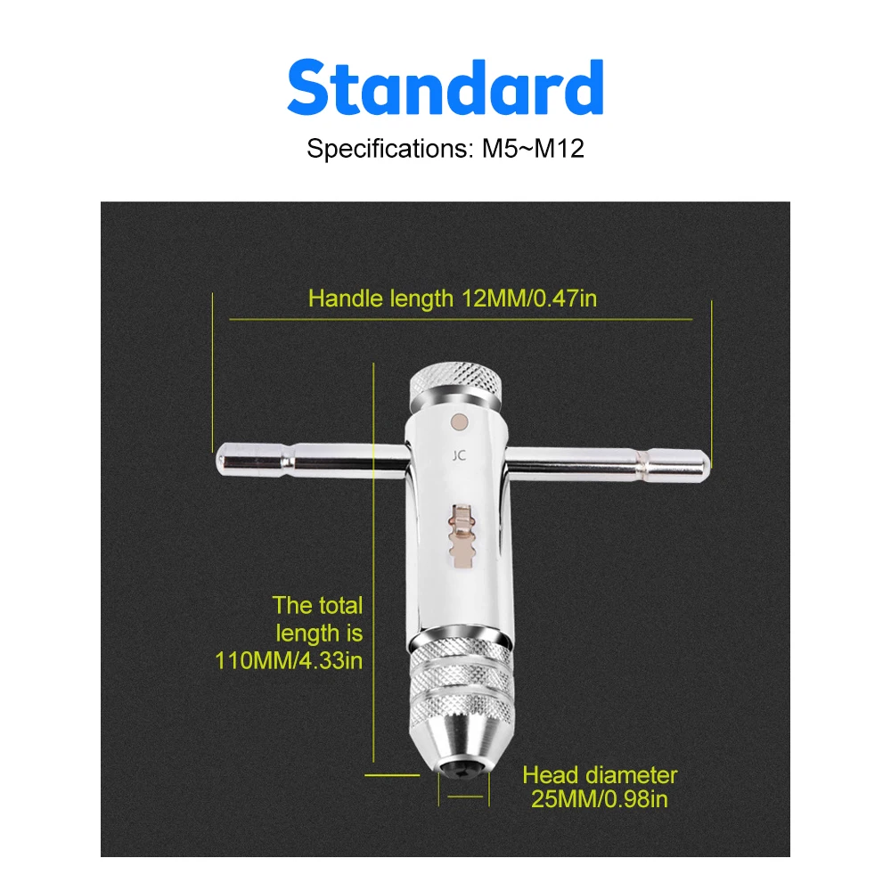 M3-M8 Adjustable Silver T-Handle Ratchet Tap Holder Wrench 3mm-8mm Machine Screw Thread Metric Plug T-shaped Tap Holder Wrench