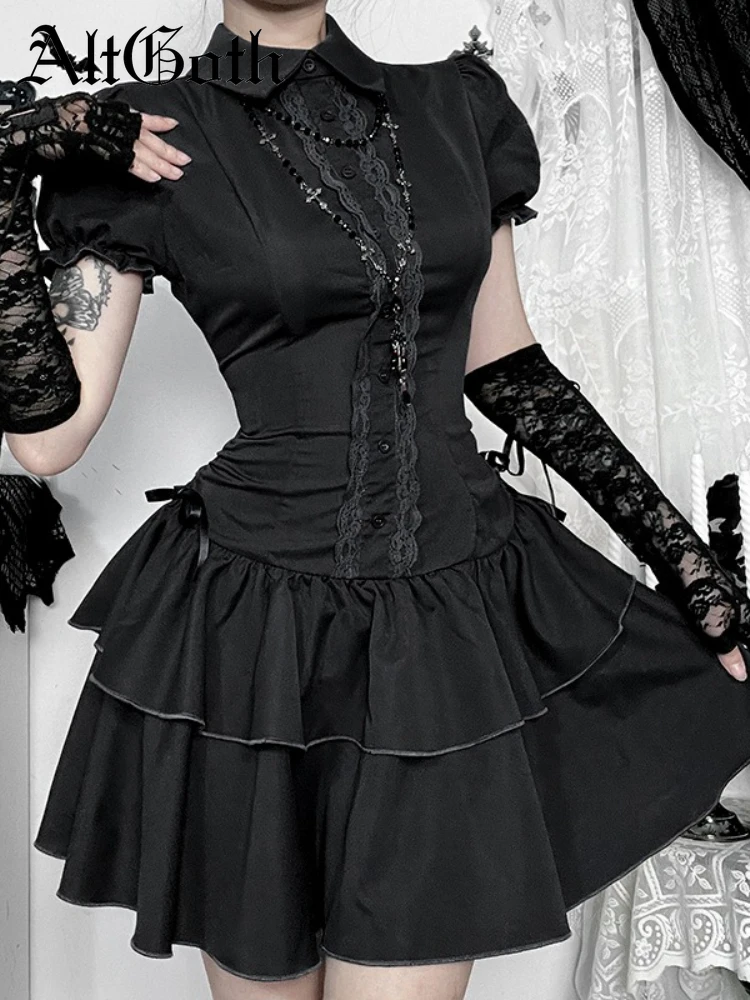 

AltGoth Gothic Dark Vintage Dress Women Aesthetic Streetwear Harajuku Grunge Lace Patchwork High Waist Bow Party Dress Female