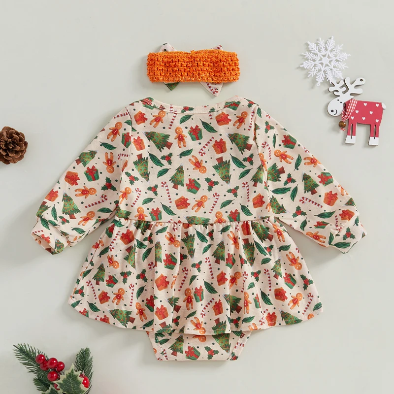 Baby Girls Christmas Outfits 2Pcs Long Sleeve Gingerbread Print Bodysuits Dress + Headband Set Newborn Clothes Streetwear