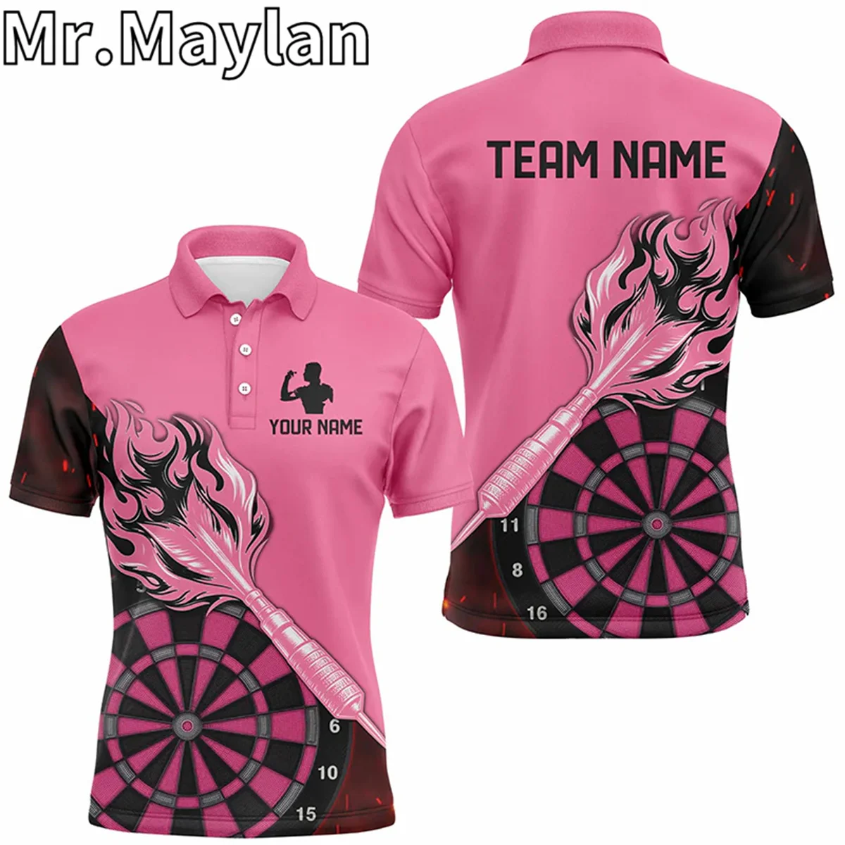 男性と女性のための3Dパーソナライズされたピンクのジャージ,炎の矢,ポロシャツ,ダーツ愛好家のためのチームギフト