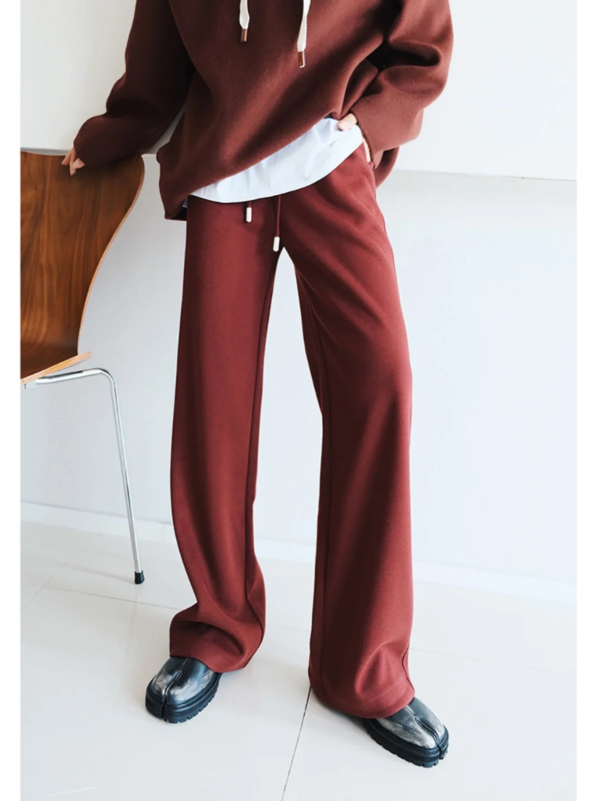 

Elastic Waist Woolen Wide Leg Pants Straight Cut Loose Fit Casual Trousers Thiened Fce Lined Autumn Winter Women's Faion