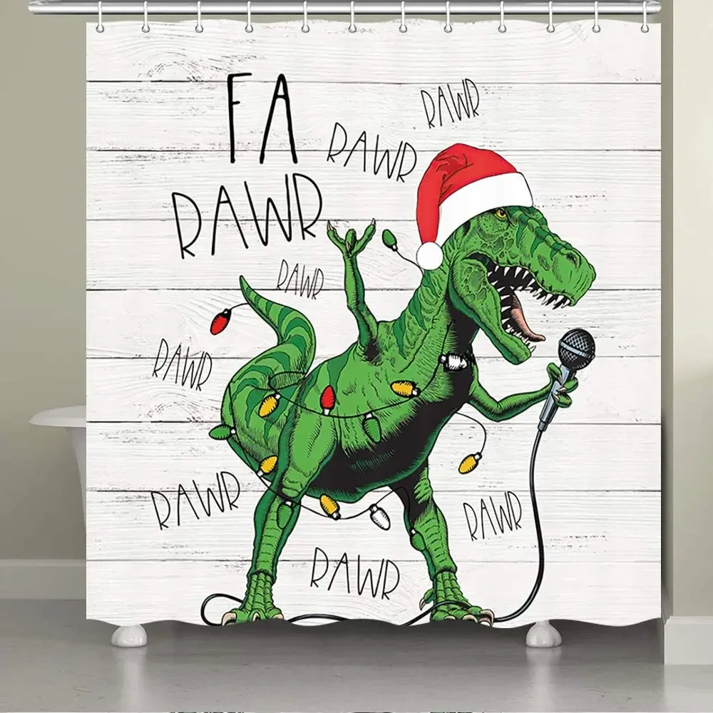 Funny Christmas Shower Curtain, Cute Dinosaur in Santa Hat Singing Merry Christmas for Kids Children