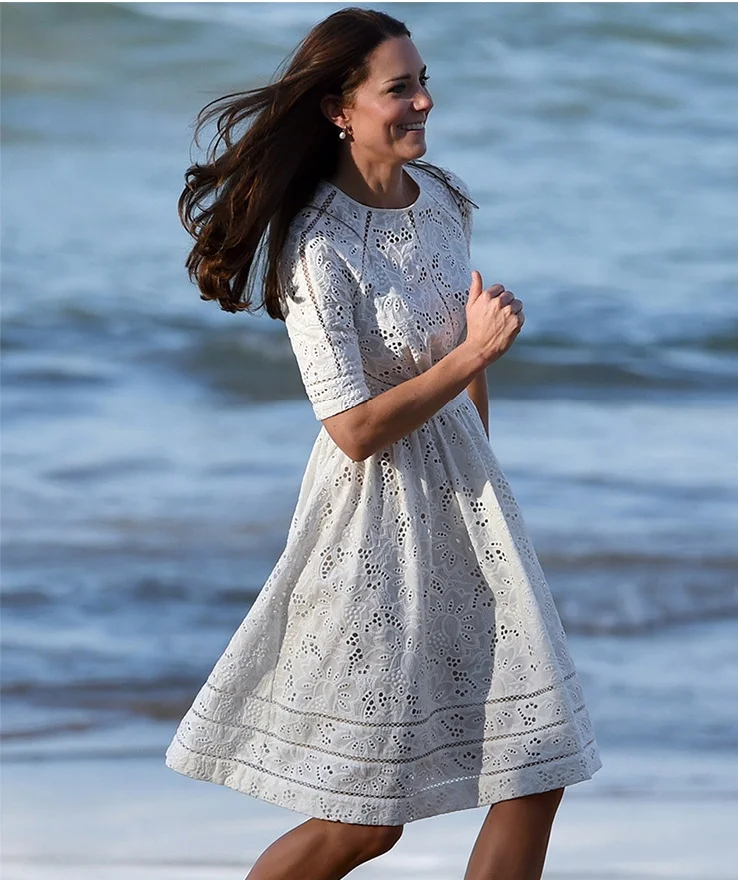 Vestito Midi bianco da donna di moda estiva scava fuori la principessa Kate Middleton abito a maniche corte a vita alta abito da ufficio da lavoro