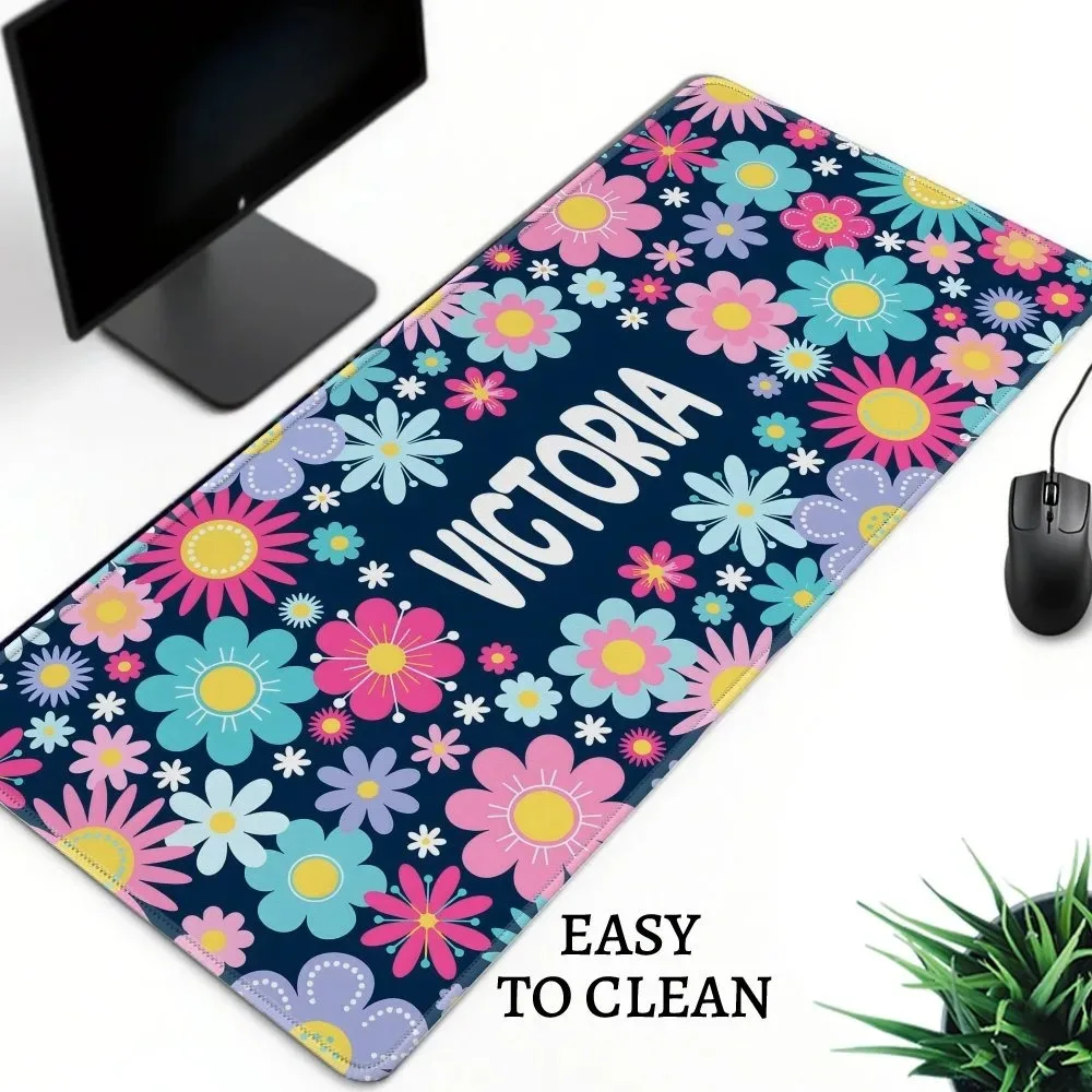 Pastoral Cute Boho Floral Customizable Name XXL Desk Mat, Soft Anti Slip Rubber Mouse Pad, Fresh 2D Desktop Decor For PC Worksta