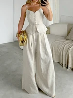 Mueyaruho Women 2026 Summer Office Pant Set Suits Solid Beige Outfits 2 Two Piece Wide Leg Matching Set For Women