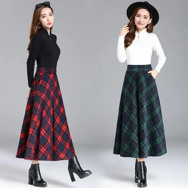 

2024 Summer Red Green Plaid High Waist Ankle-Length Skirts M-XXXL A-Line Skirt