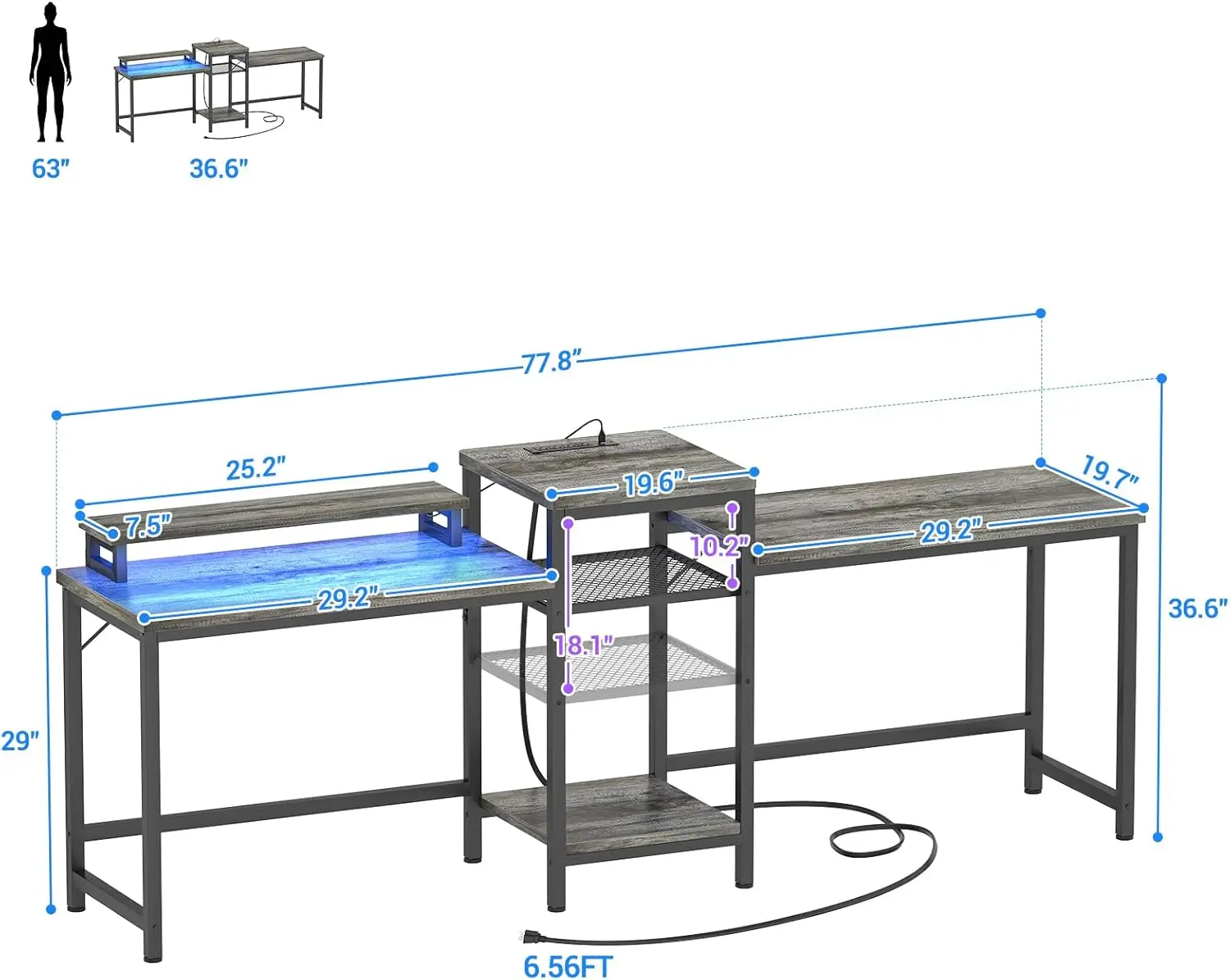 Unikito Two Person Desk with LED Light and Power Outlet, Double Computer Desks with Monitor Stand and Printer Stand, Double