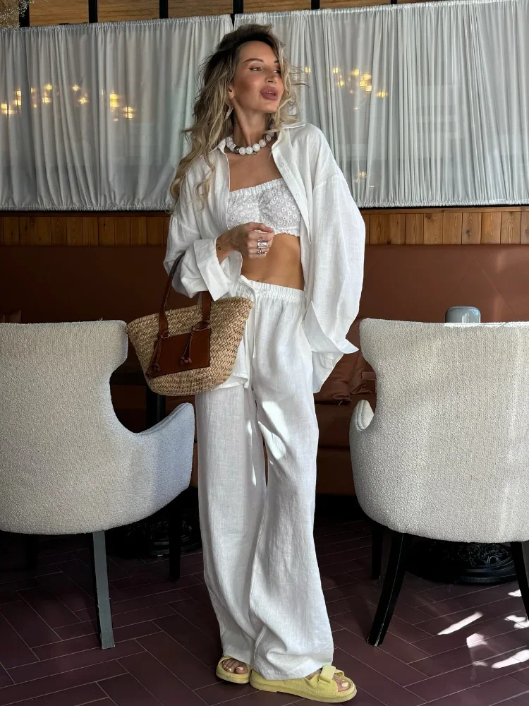 

2025 Solid Casual Cotton Linen Shirt Sets Chic Button Down Blouse Drawstring Wide Leg Trousers Suit Women's Summer Vacation Wear