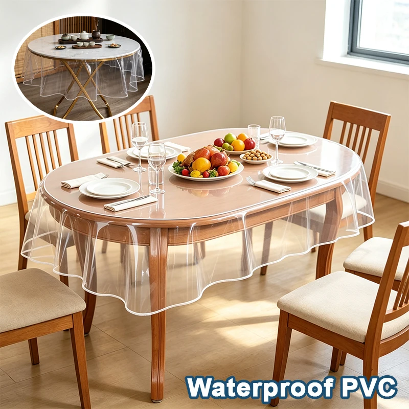 Clear PVC Round Tablecloth Waterproof Transparent Table Cover Dustproof Protector for Dining Kitchen Indoor Daily Home Party