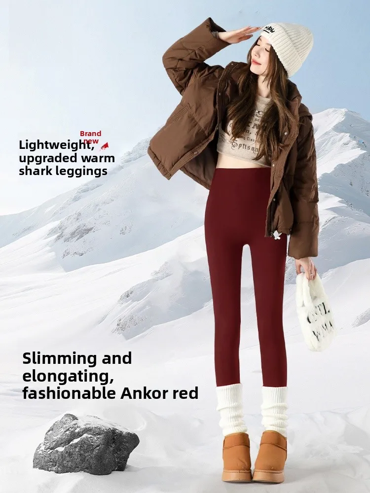 Calças de Yoga de Cintura Alta com Design de Pele de Carneiro, Quentes para o Inverno, Não Apertadas, Alta Elasticidade, Ajuste Confortável, Roupa Externa, Cor Vermelha, Marca