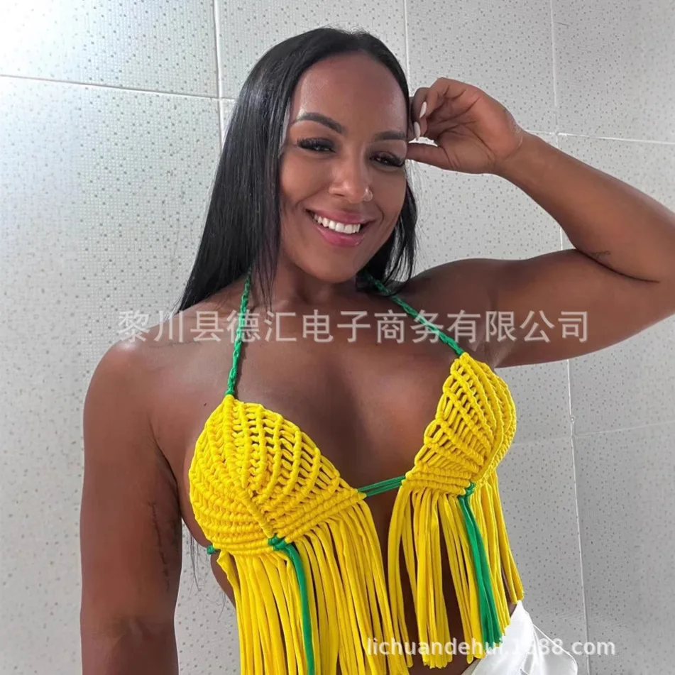 

Women's Halter Top Fringe Tassel Crop Top Bohemian Beach Festival Party Sleeveless Summer Handmade Knitted Sexy Bralette Top