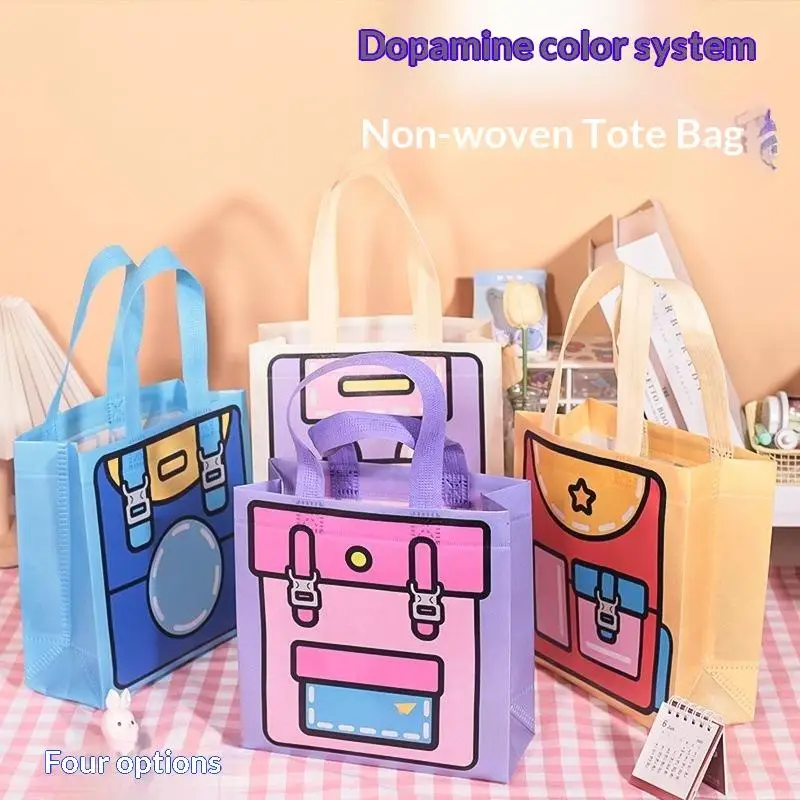 5 Stück niedliche Cartoon-Tragetaschen aus Vliesstoff in Dopamin-Farben, wiederverwendbare Handtasche, Geschenkverpackung für Kinder, für Partys, Feiertage und den täglichen Gebrauch – Detail 1