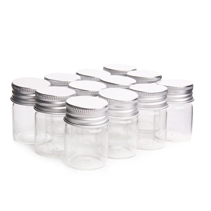 12Pcs 5ml Glass Jar Bottles With Aluminum Cover Small Mini Glass Jars Wish Bottles Tobacco Herb Storage Box Case Sample Bottle