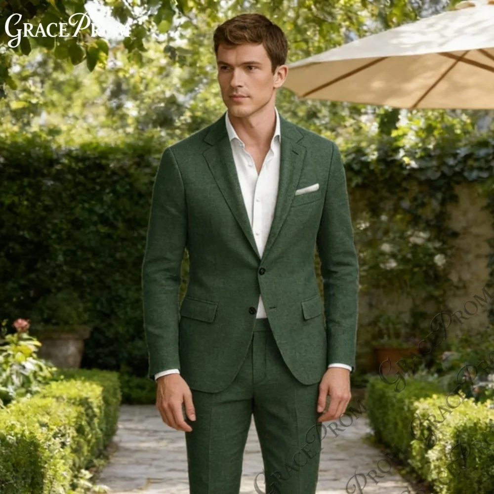 

Stylish Green Linen Men 2PCS Suit Set Slim Fit Notch Lapel Blazer Trousers Perfect for Groom Wedding Prom Party Casual Events