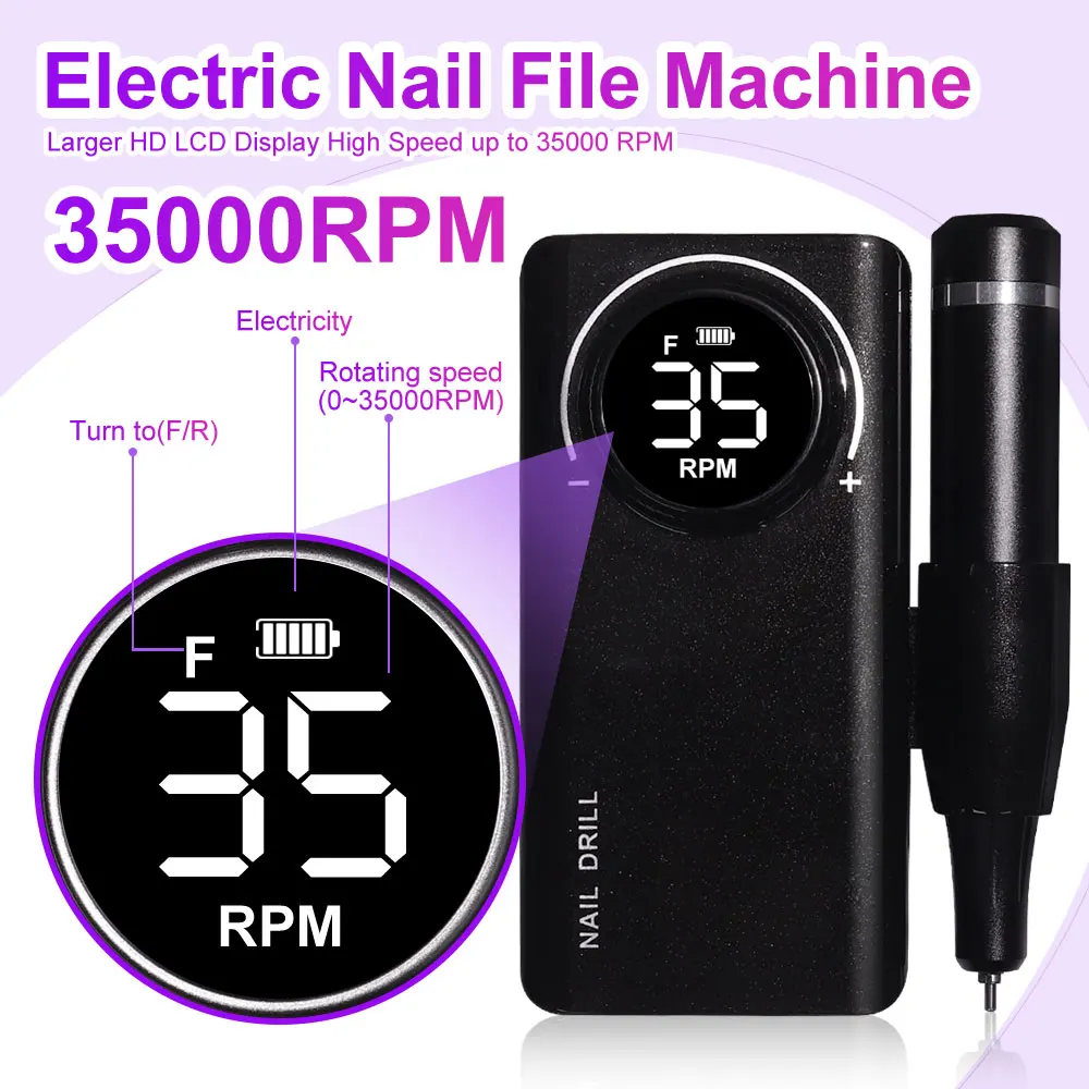 35000RPM Nail Drill Machine Portable Rechargeable Electric Nail File With HD LCD Display Professional Nail Art Polishing Machine