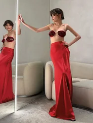 Faldas informales holgadas de satén rojo para mujer, maxifalda elegante de cintura alta, falda sedosa lisa, ropa femenina 2024