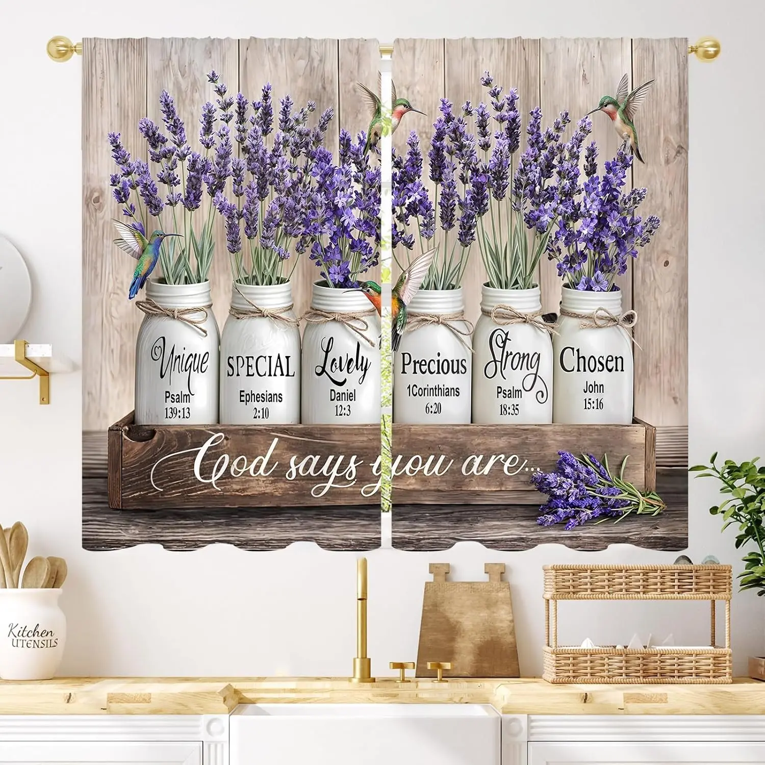 Purple Lavender Farmhouse Flower Kitchen Curtain Country Retro God Says You are Wooden Rustic Small Cafe Tier Hummingbird