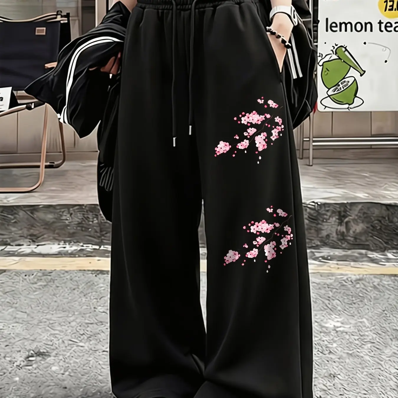 New Chinese Style Cherry Blossom Pattern Printed Black Pants for Women's Casual Sports Straight Leg Pants