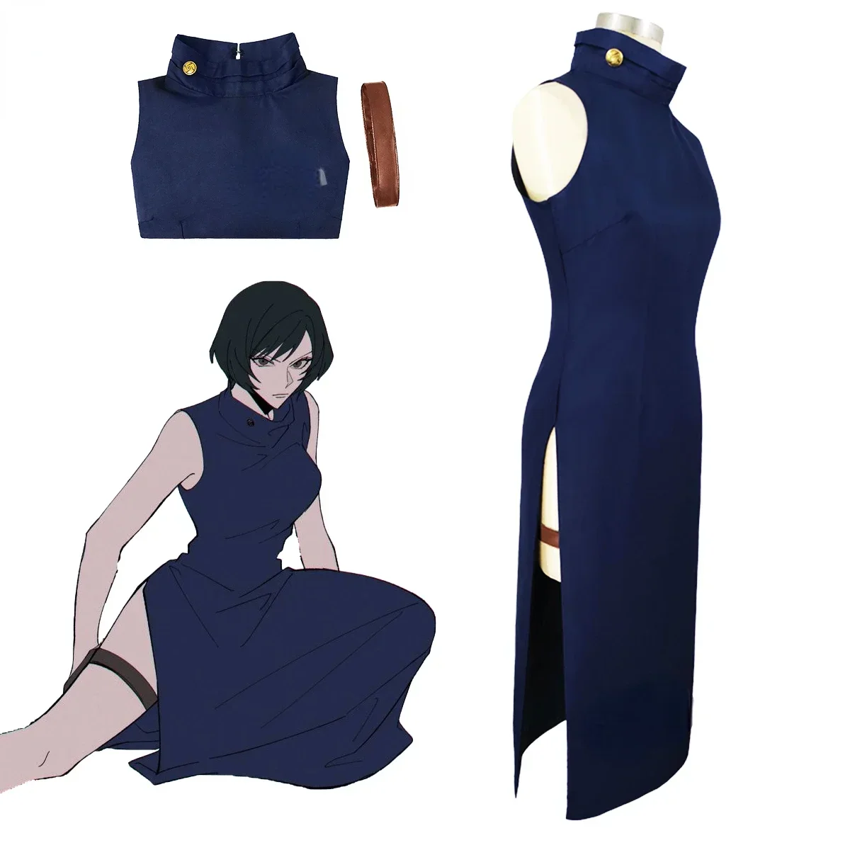 

Anime Jujutsu Kaisen Zenin Mai Cosplay Costumes Wig Zenin Mai Cosplay Costume Navy Blue Cheongsam Uniform Halloween