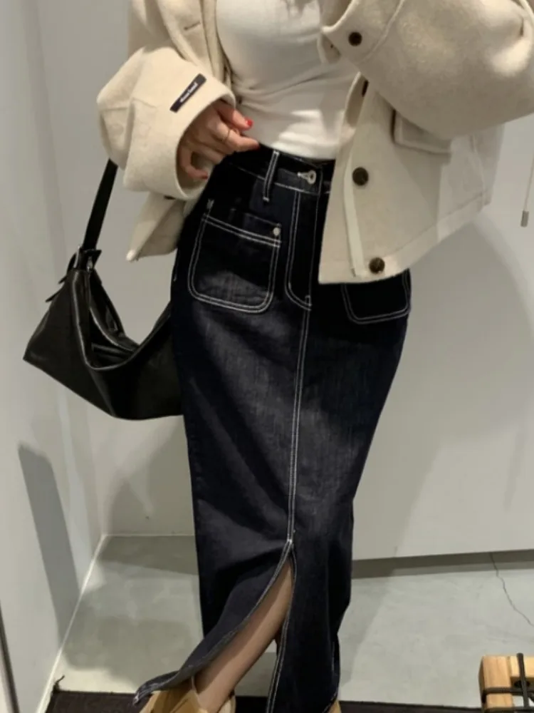 Retro Denim  Skirt Women's Korean Sle Faion Button Double ket Stitched Slit Mid-Length Skirt for Spring Autumn