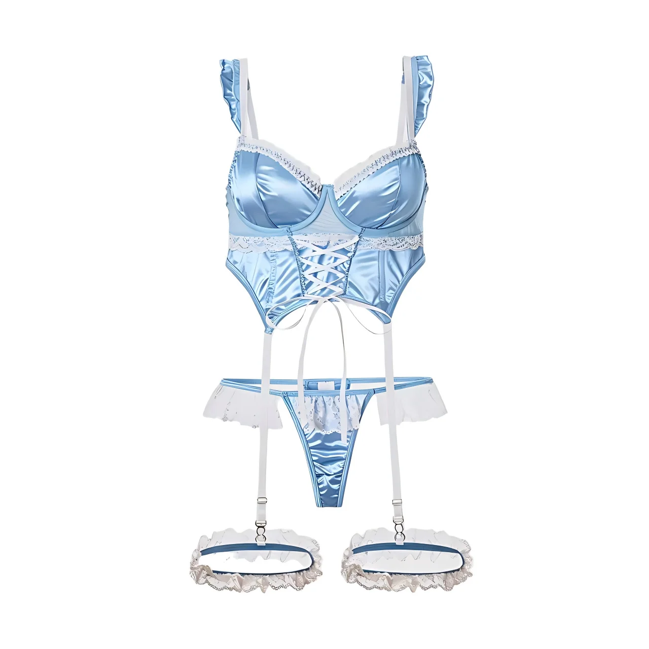 Women's Lingerie Set Sweetheart Satin Jacquard Lace Patchwork Tie-Up Ruffle Trim Underwire Lingerie Set For Women