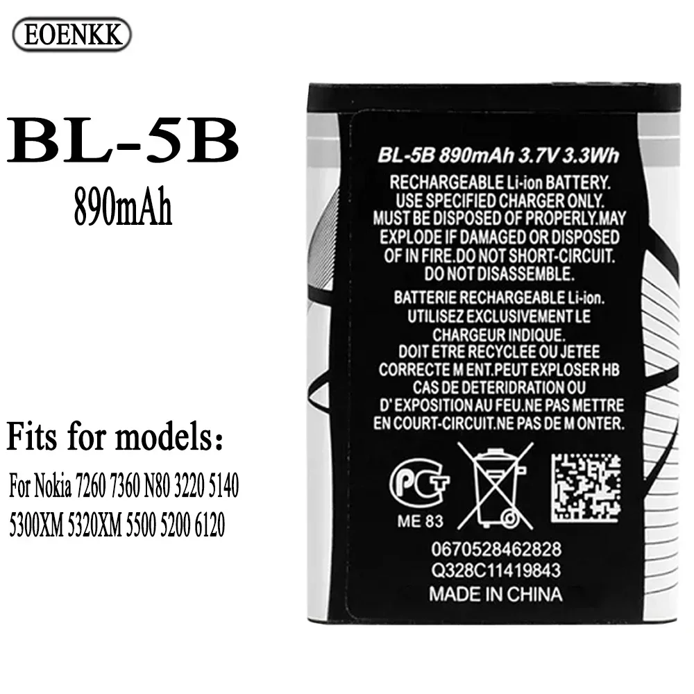 

BL-5B Battery For Nokia NK 7260 7360 N80 3220 5140 5300XM 5320XM 5500 5200 6120 Original Capacity Batteries Bateria