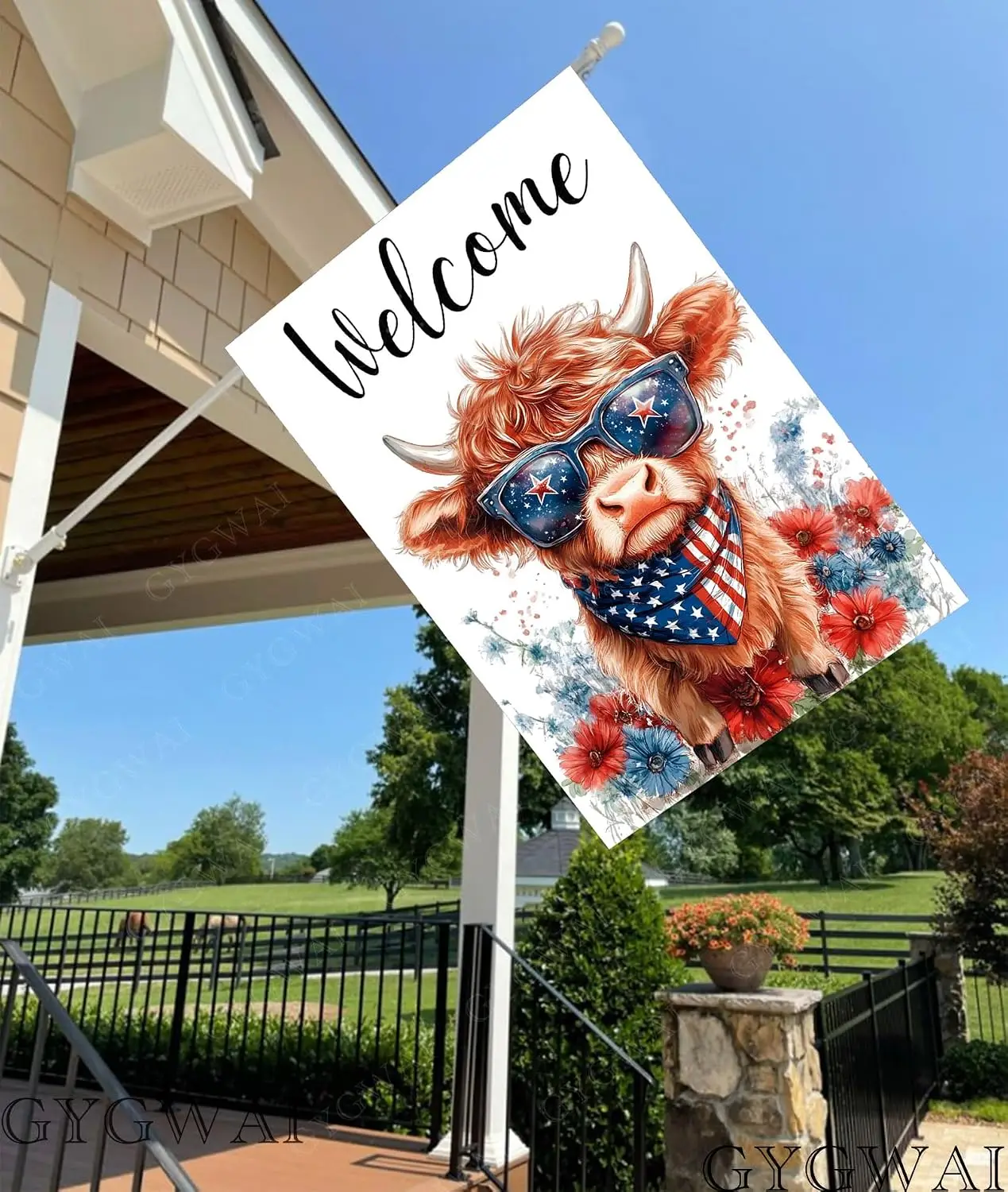 Patriotic Highland Cow House Flag 28x40 Inch Double Sided, 4th of July Summer Floral Welcome Yard Flag Farmhouse Holiday Out kkz