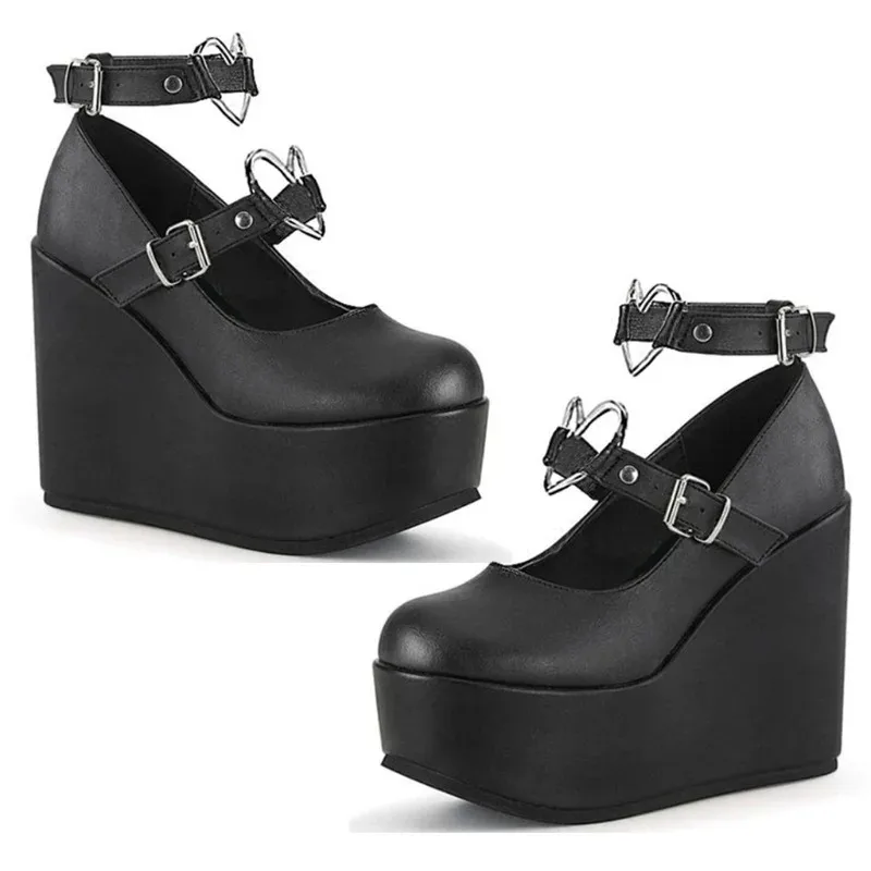

Women's Wedges Platform Mary Janes High Heel Pumps Sweet Kawaii Lolita Shoes Ankle Heart Buckle Strap Punk Goth Cosplay