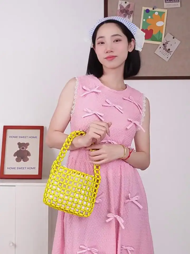 MABULA Niche Design Handmade Bamboo Knitted Handbag Retro Artistic Women's Vintage Beaded Clutches Hollow Out Shoulder Tote Bags
