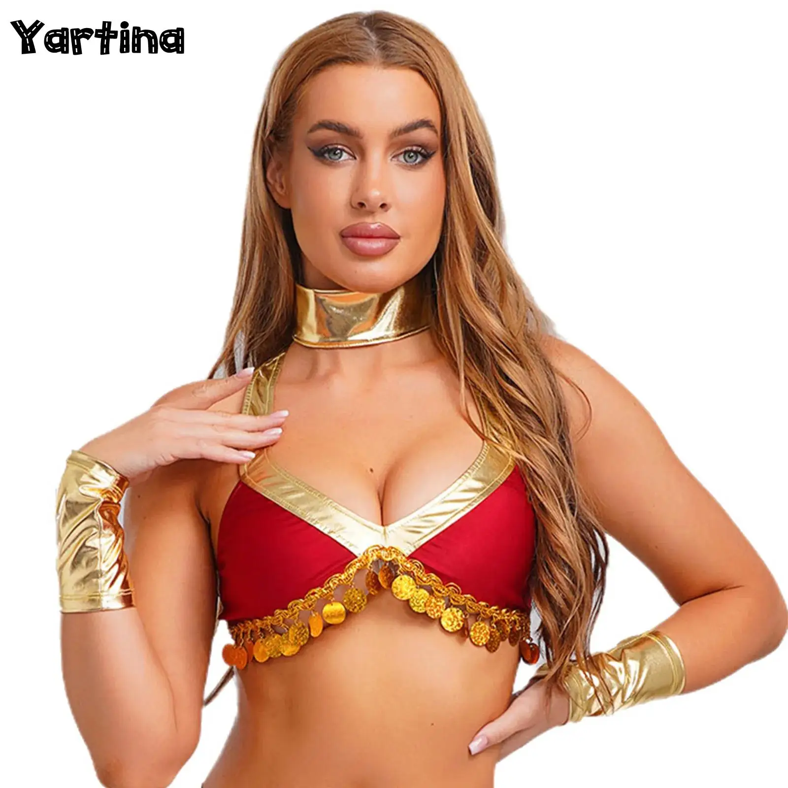 

Женский костюм древнего египетской королевы, восточный костюм для косплея на Хэллоуин, браслеты, металлическая блестящая кисточка с бахромой, бюстгальтер для танца живота, укороченный топ