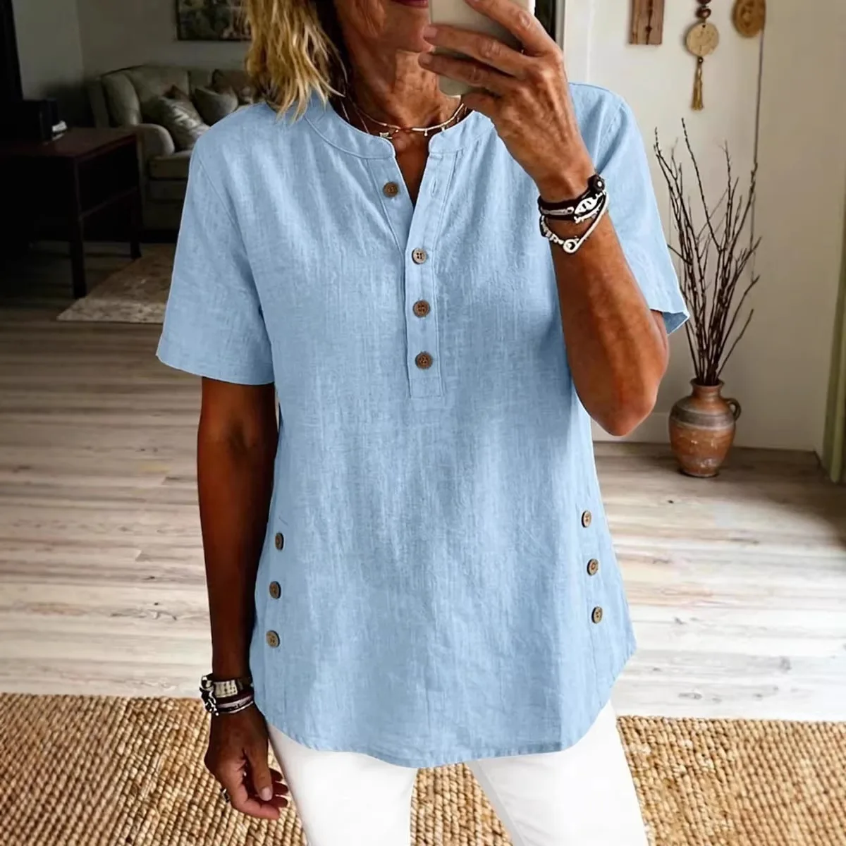 

2026 summer new solid color casual pullover short sleeved shirt loose cotton linen shirt for women