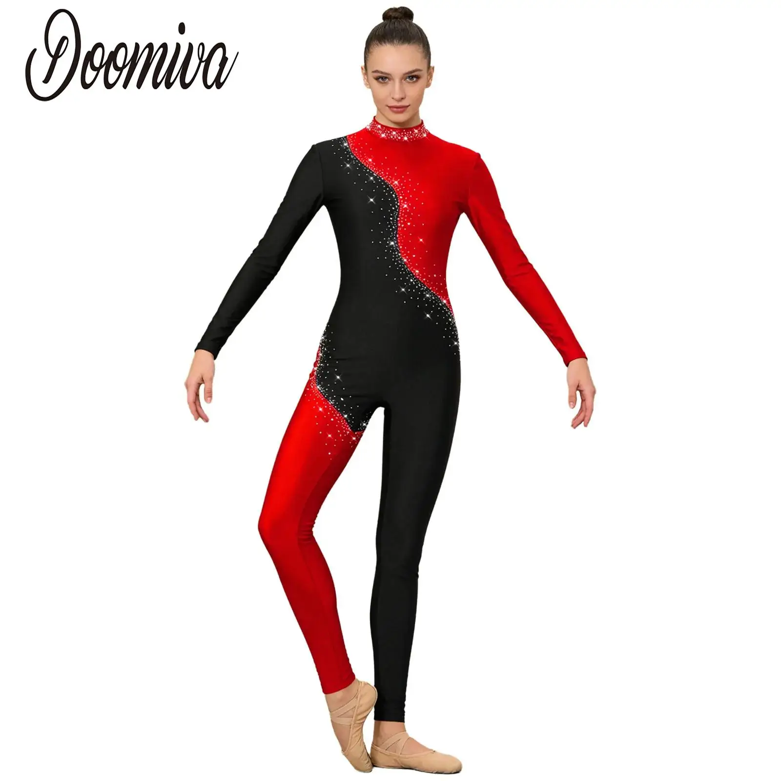 

Women Dance Jumpsuit for Figure Skating Gymnastic Ballet Performance Costume Rhinestones Long Sleeve Tights Full-body Bodysuit