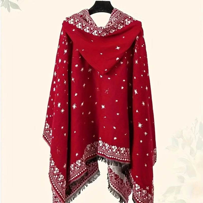 شال كيب بقلنسوة عرقي لتصوير السفر في شمال غرب الصين، ملابس خارجية من الكشمير المقلد الدافئ، قبعة على الطراز العرقي