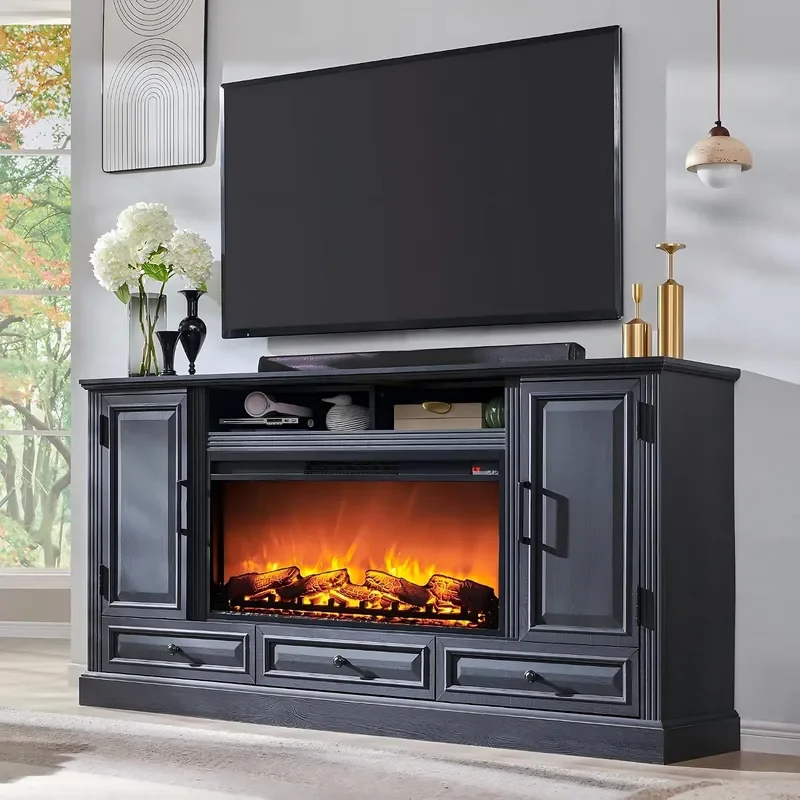 35.7 Tall Farmhouse Fireplace TV Stand for 80 Inch TV Living Room Black