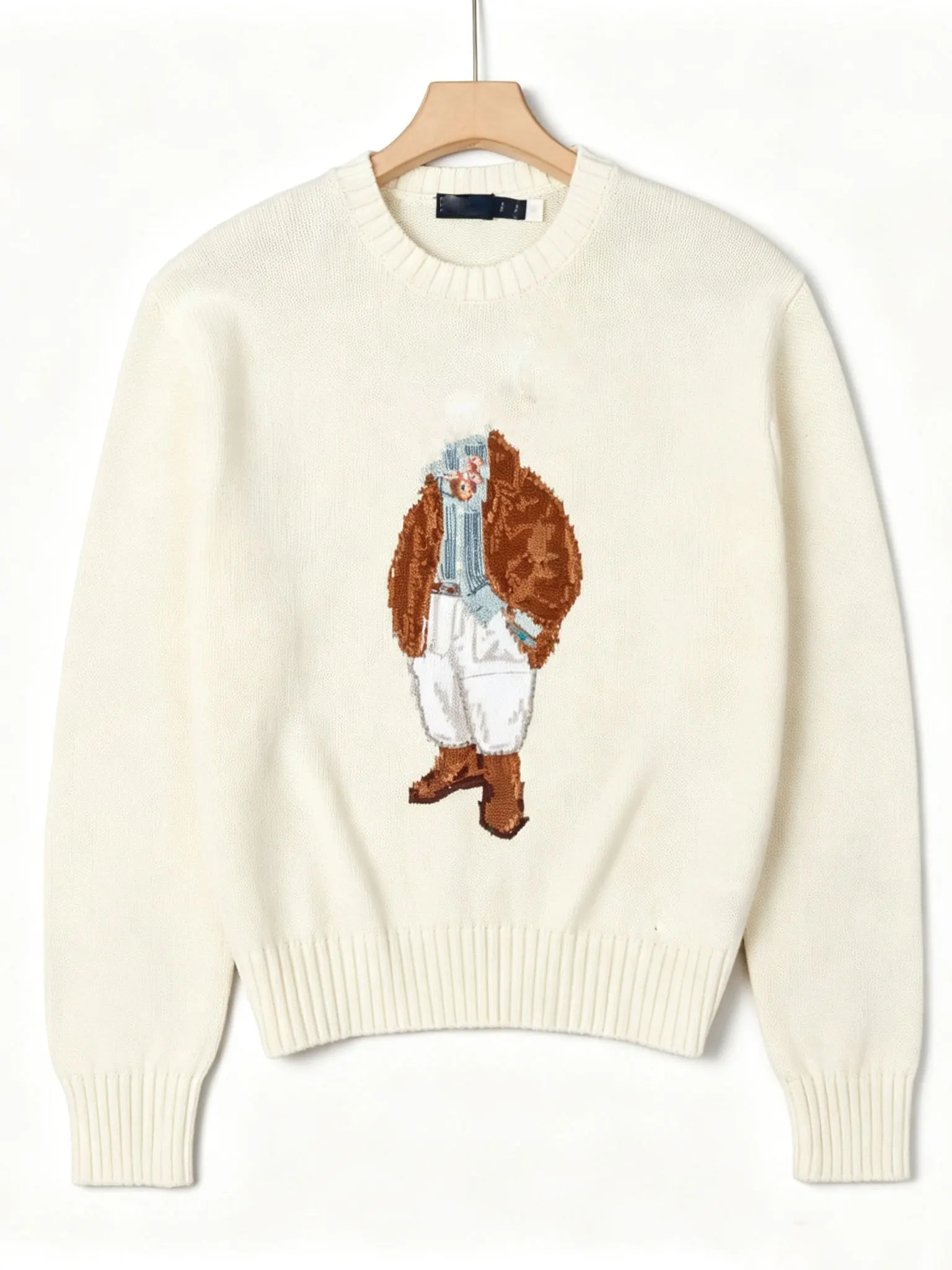 Fashionable Cartoon Bear Embroidered round Neck Long Sleeve Women's Knitted Sweater Casual Versatile Loose Fit Soft Thickened