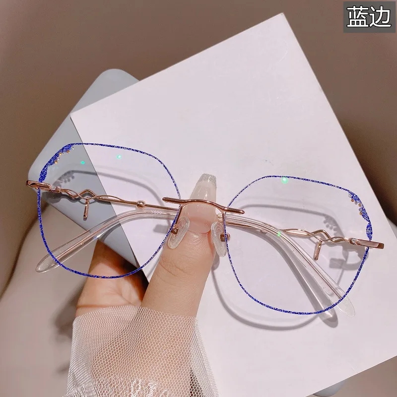 Fashion Women's Glasses Rimless Diamond Powder Glasses Optical Prescription Custom Internet Celebrity Glasses Myopia Hyperopia