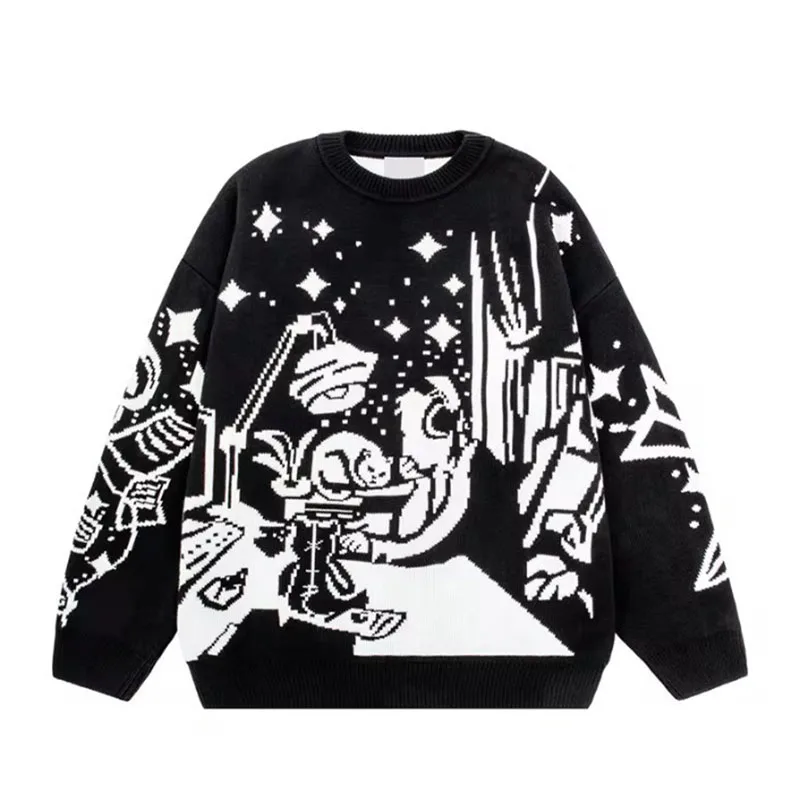 Men's casual streetwear sweater knitted sweater retro painting anime demon hip-hop weaving pattern retro sweater