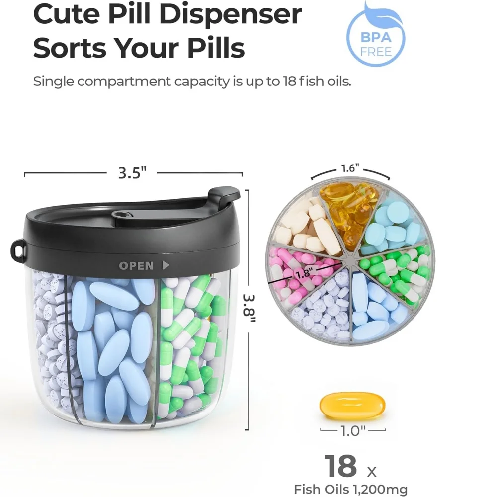 Cute Pill Dispenser 7 Large Compartments Portable Pill Bottle Organizer Wide Opening Pill Box Easy Use Anti-Mix Pill Storage Box