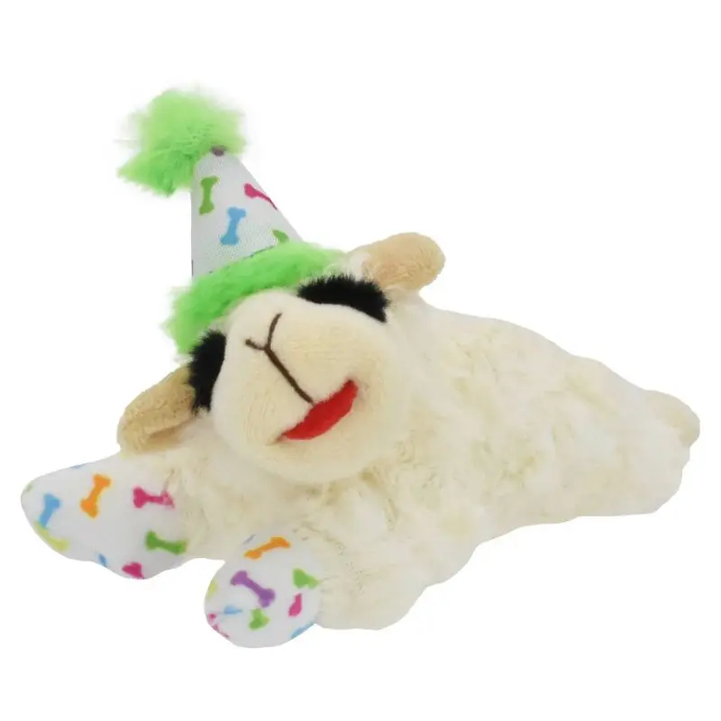 

Birthday Lamb Chop Dog Toy Plush Squeaky 6 Inch Small Puppy Interactive Play Cuddle Party Hat Confetti Fun Soft Pet